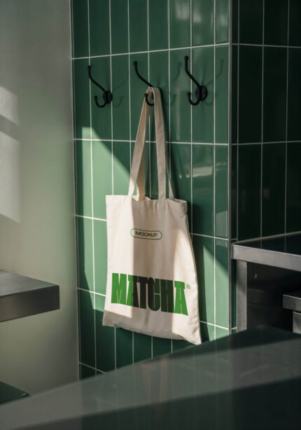 White Tote Bag on Hook Mockup in Cafe