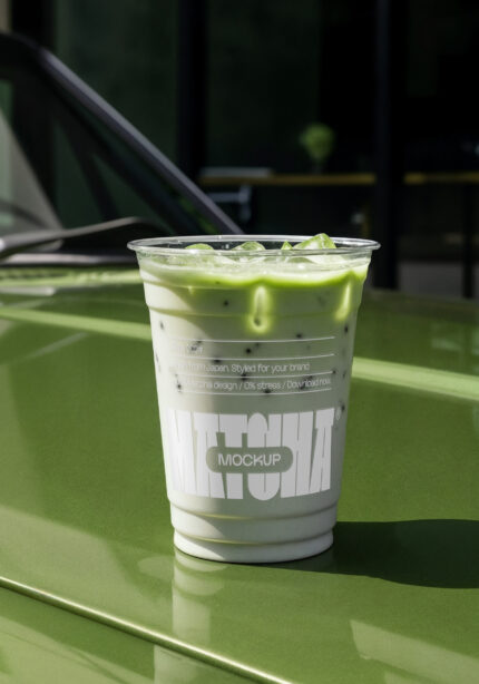 Iced Matcha Cup on Green Car Mockup