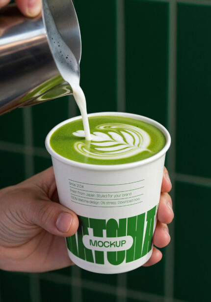 Matcha Latte Cup Mockup in Green Cafe