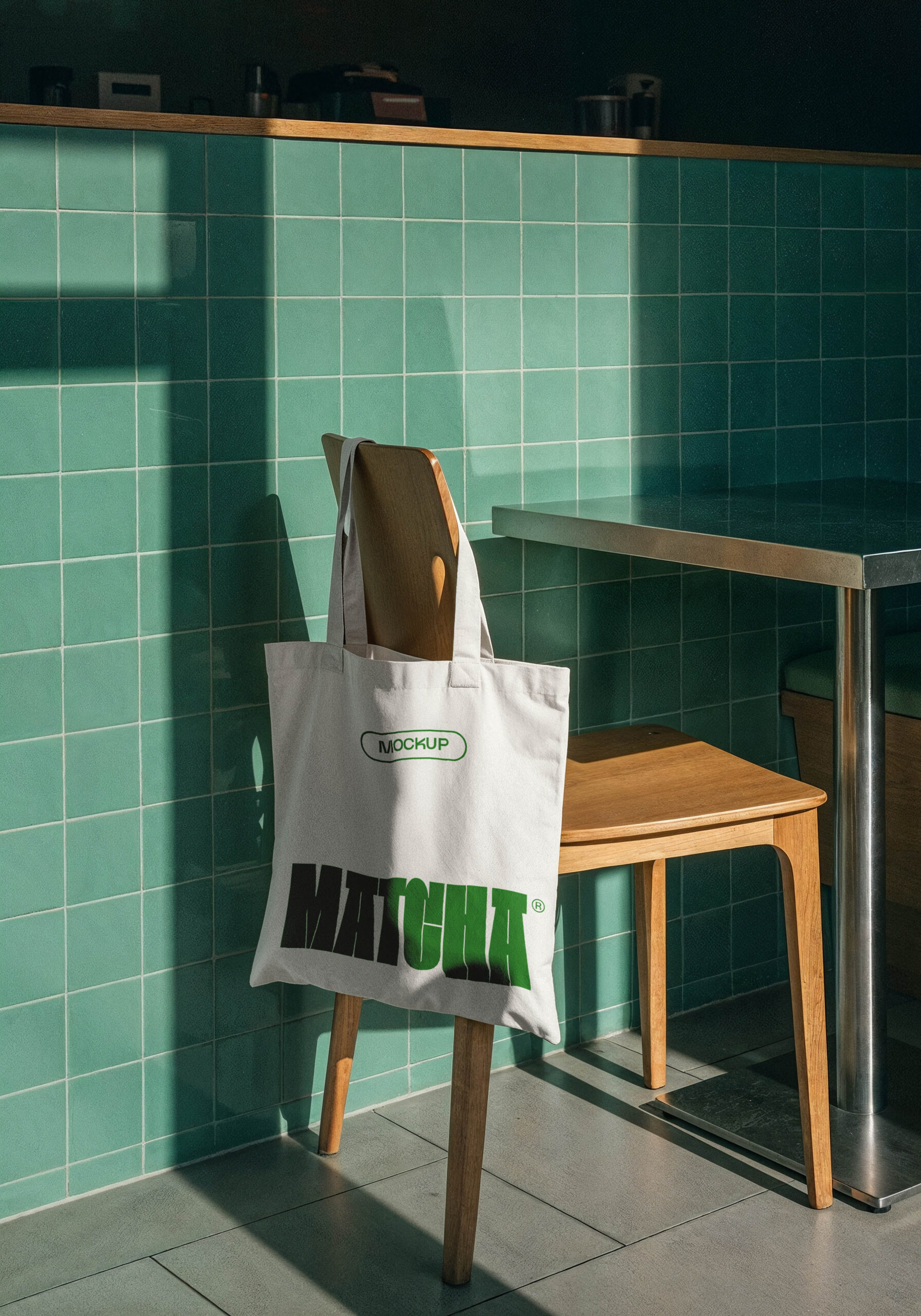 Empty Tote Bag Hanging Wooden Chair Cafe White Tote Bag Mockup in Cafe - Image 1
