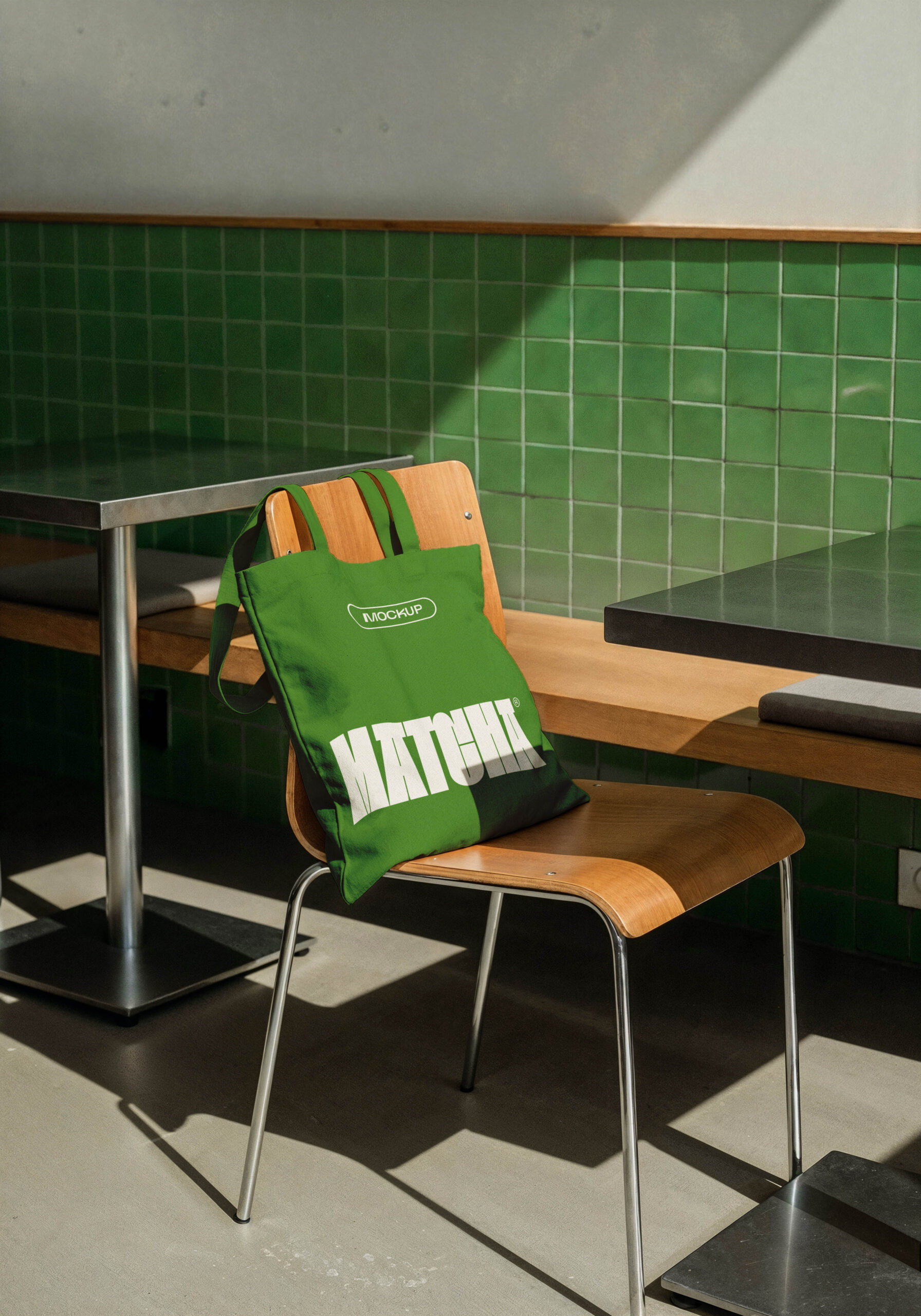 Minimalist Cafe Scene With Tote Bag Wooden Chair Green Tote Bag Mockup in Cafe - Image 1